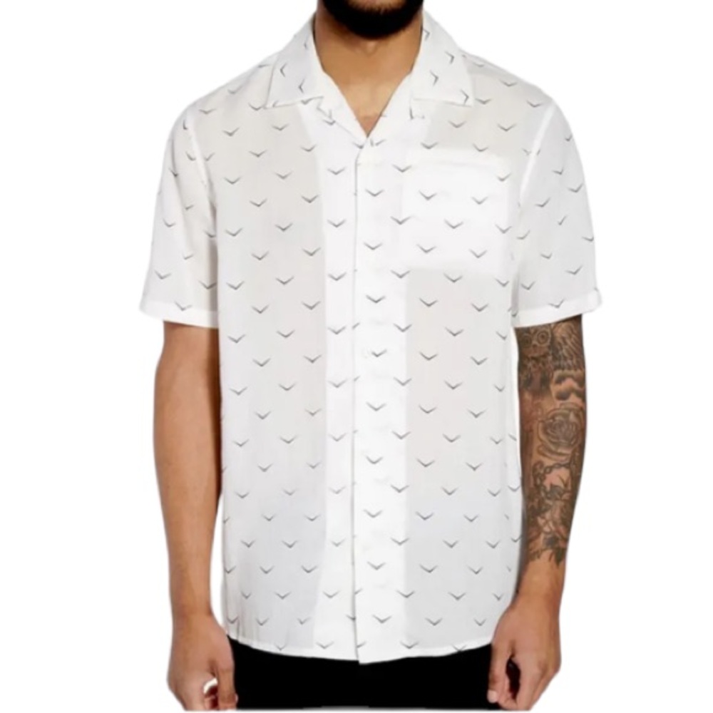 Hudson Mens L Camp-Collar V Print Sport Shirt Short Sleeve Button White Black